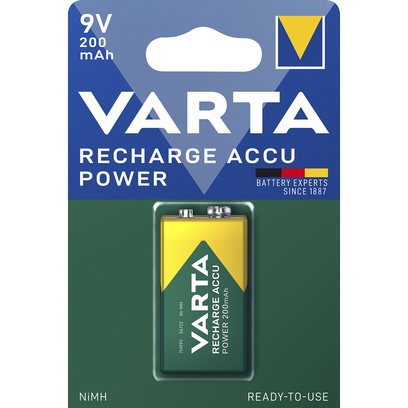 E-Blockbatterie VARTA ''Accu Power'', Ni-MH, 200mA, HR22, Typ 9V Block, 1er-Blister
